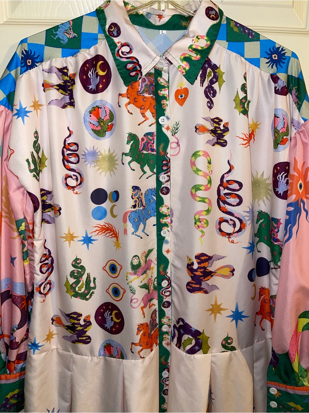 Multicolor Fantasy Print Long Sleeve Dress - Large - Picture 5 of 16